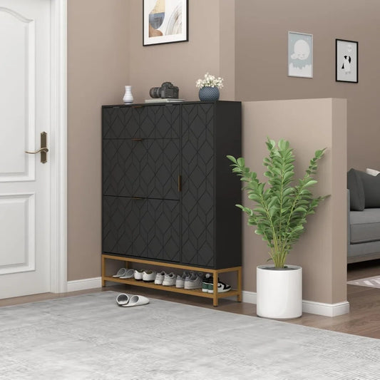 Slim Freestanding Shoe Cabinet with 2 Flip Drawers & Adjustable Shelves – Narrow Entryway Storage Rack