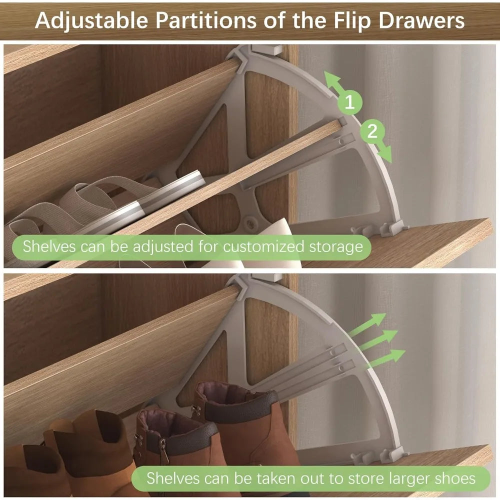 Slim Shoe Storage Cabinet with 4 Flip Drawers – Narrow Entryway Shoe Organizer with Adjustable Shelves & Open Storage