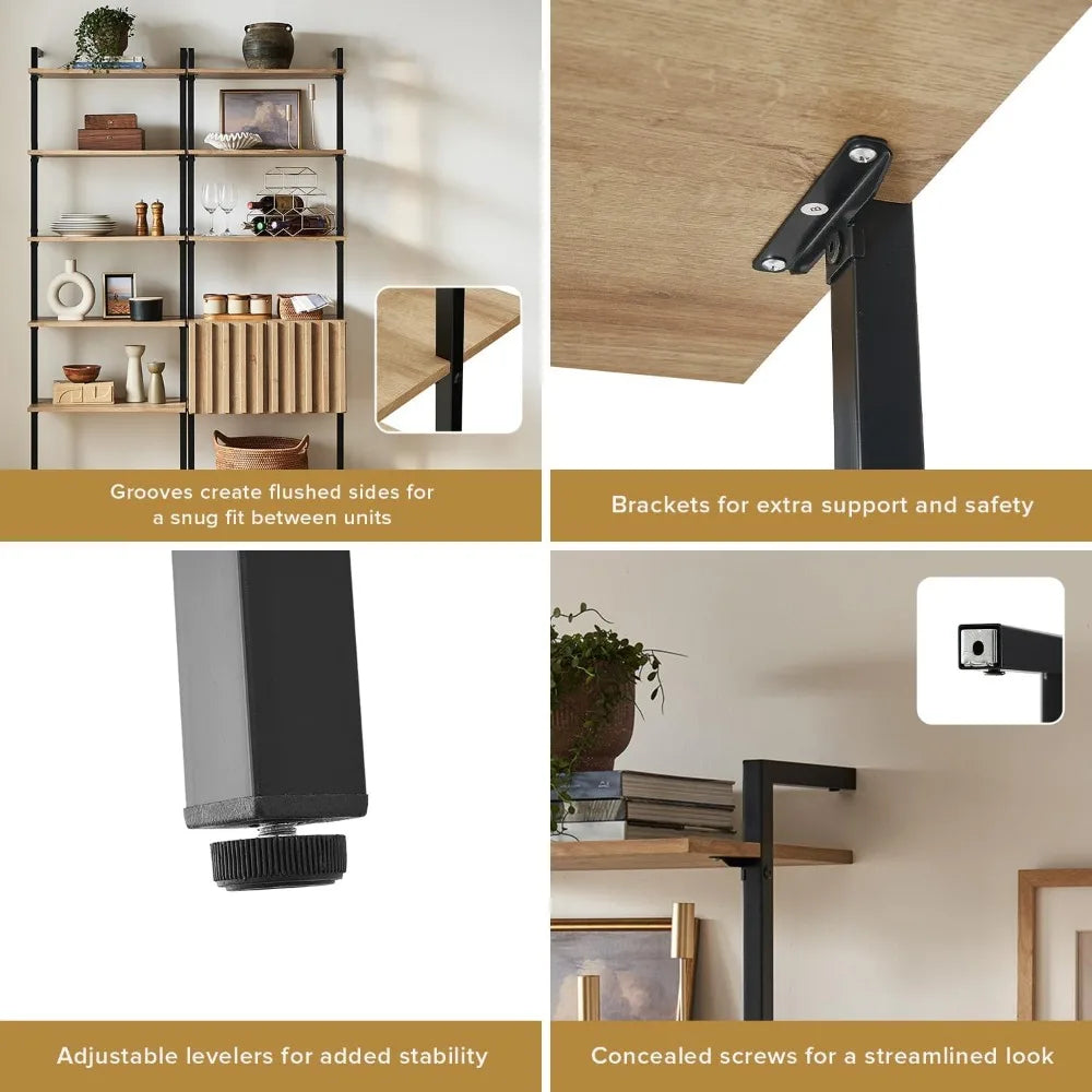 Norwin 72" Ladder Bookshelf – Farmhouse Industrial Wall Bookcase with 5-Tier Narrow Storage & Cabinet Display (Riviera Oak)