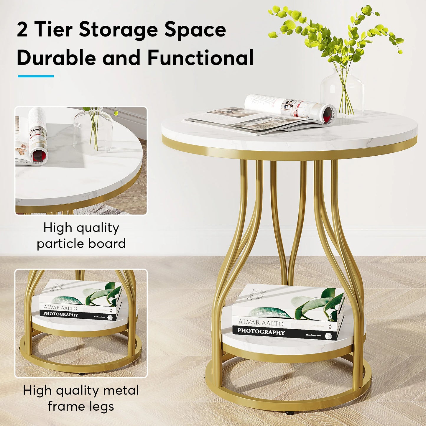 Round White and Gold Side Table – Elegant 2-Tier End Table with Storage Shelf