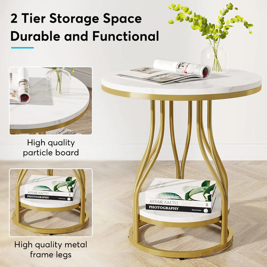 Round White and Gold Side Table – Elegant 2-Tier End Table with Storage Shelf