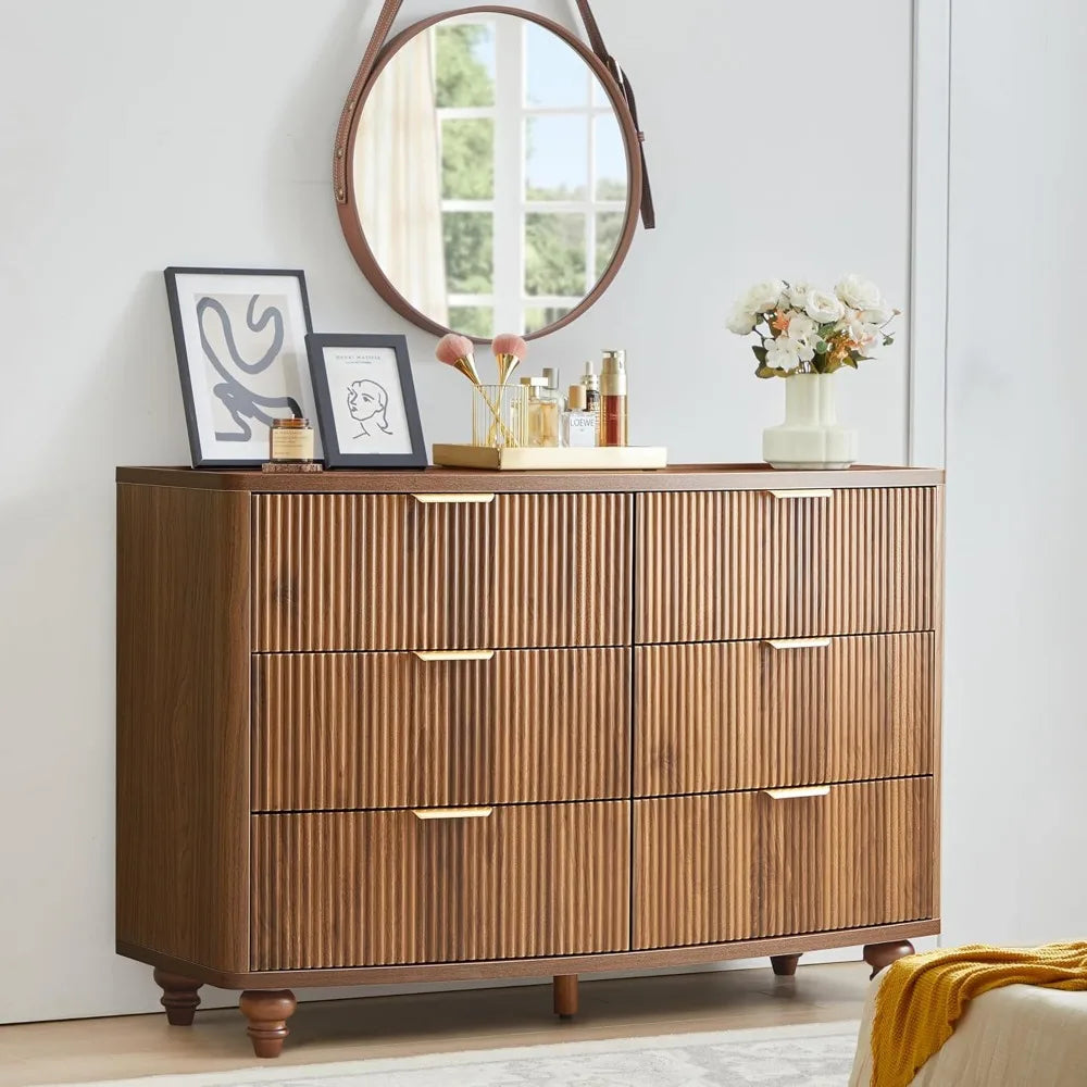 Walnut 6-Drawer Fluted Dresser – Mid-Century Modern Storage Chest for Bedroom, Closet, or TV Stand