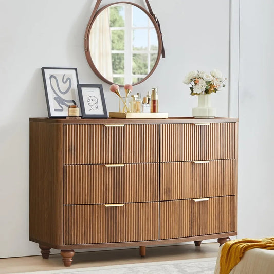 Walnut 6-Drawer Fluted Dresser – Mid-Century Modern Storage Chest for Bedroom, Closet, or TV Stand
