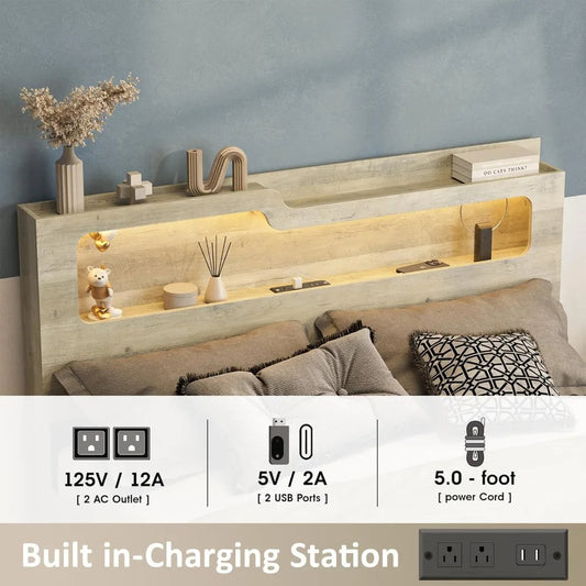 Queen Size Platform Bed with Lift-Up Storage, 2-Tier Headboard & Charging Station – Gray
