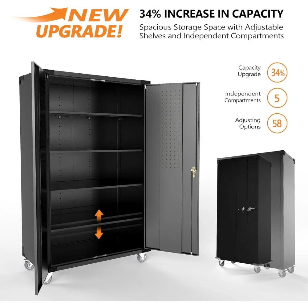 Wide Metal Garage Storage Cabinet with Pegboards, Lockable Doors, Wheels & Adjustable Shelves