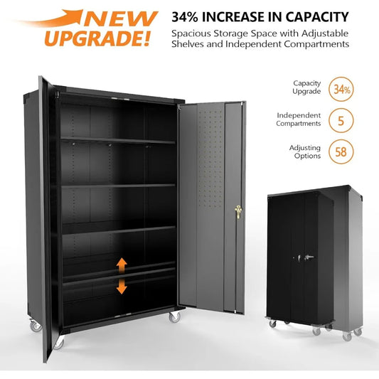 Wide Metal Garage Storage Cabinet with Pegboards, Lockable Doors, Wheels & Adjustable Shelves