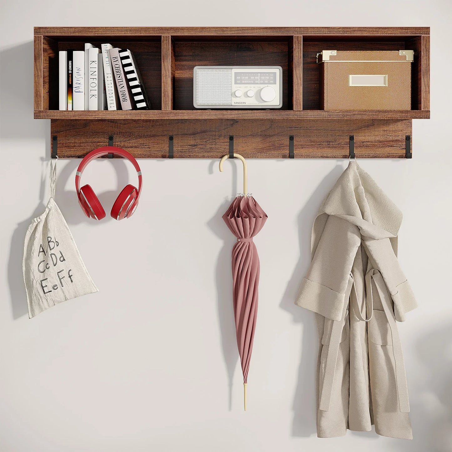 Upgrade your entryway with this stylish coat rack and shoe bench combo featuring 3 cubbies, 7 hooks, and rustic wood for efficient and elegant storage.