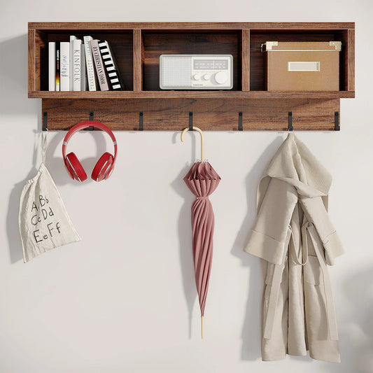 Upgrade your entryway with this stylish coat rack and shoe bench combo featuring 3 cubbies, 7 hooks, and rustic wood for efficient and elegant storage.