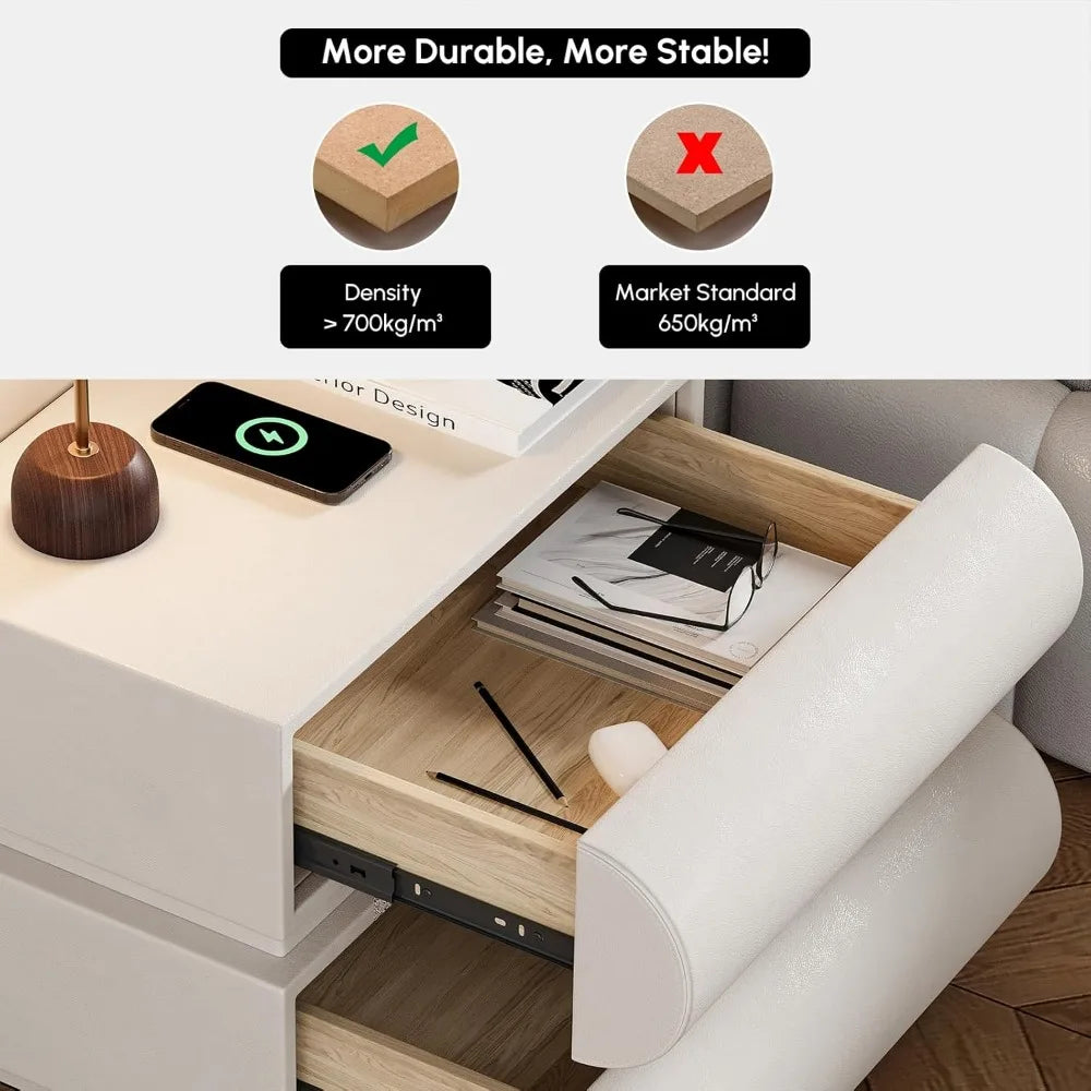 Smart Leather Nightstand with Wireless Charger & USB Ports – 2-Drawer Modern Bedside Table (White)