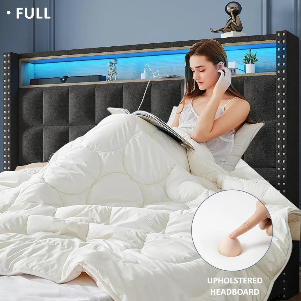 Queen Bed Frame with Storage Drawers, LED Headboard & Charging Ports
