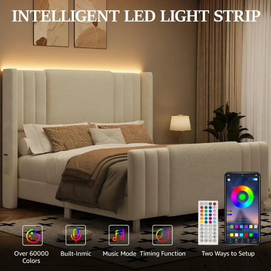 Queen Size Upholstered Bed Frame with LED Lights – Boucle & Velvet, Tall Wingback Headboard, No Box Spring Needed, Modern Platform