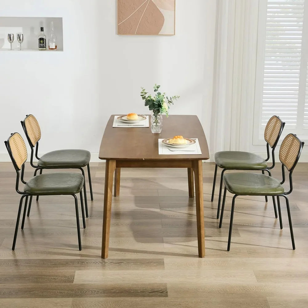 Set of 4 Green Faux Leather & Rattan Mid-Century Dining Chairs – Metal Frame, Boho Chic Design