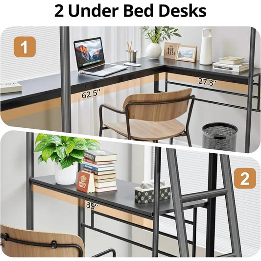 Twin L-Shaped Loft Bed with 2 Desks – Heavy-Duty Metal Corner Bunk Bed with Ladders & Safety Guardrails