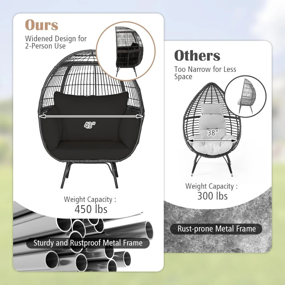 Oversized 2-Person Wicker Egg Chair – Indoor/Outdoor Lounge Hammock Chair with Cushions, PE Rattan Swing Chair with Armrests, 450 lbs Capacity