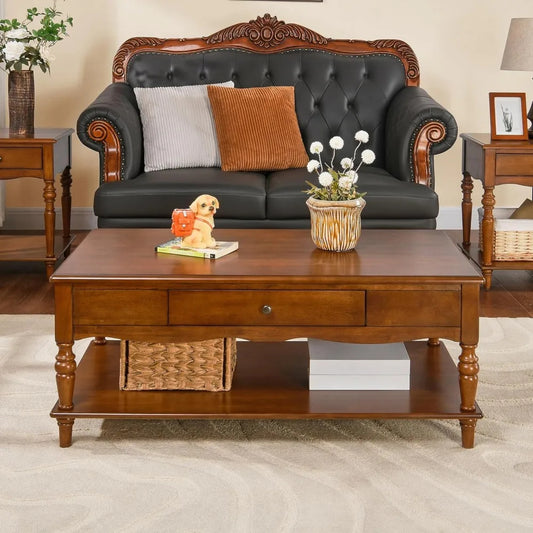 Vintage Rectangular Coffee Table with 2 Storage Drawers – Mid-Century Solid Wood Table with Carved Legs & Shelf