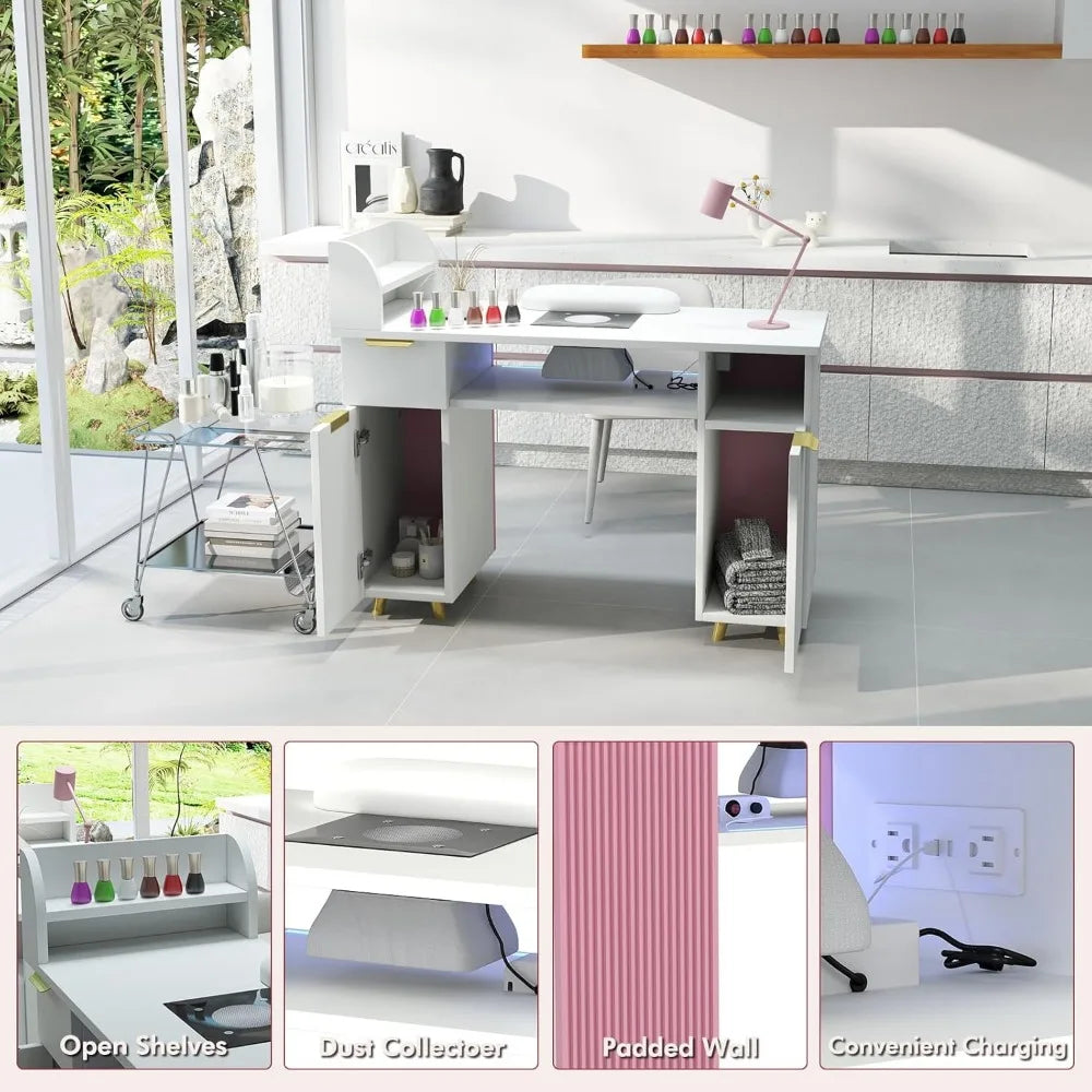 Professional Nail Technician Table with Dust Collector, USB Charging & Storage – White Manicure Station