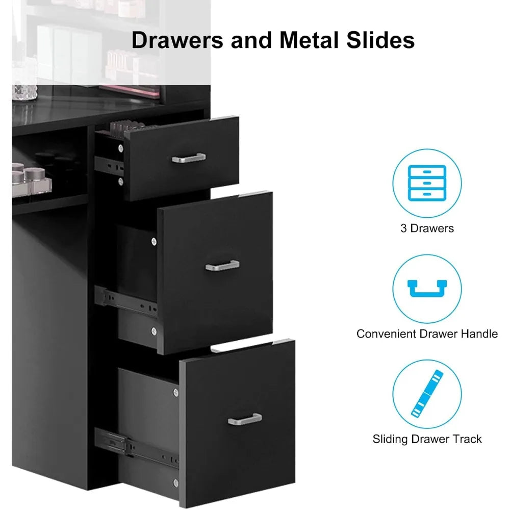 Professional Manicure Table with Dust Collector – Large Nail Station with Drawers & Side Cabinet