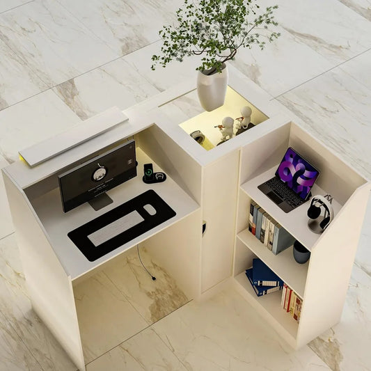 Reception Desk with LED Lights – Modern Front Counter with Glass Display, Storage Shelves & Adjustable Glass Panels for Salon, Clinic, or Retail