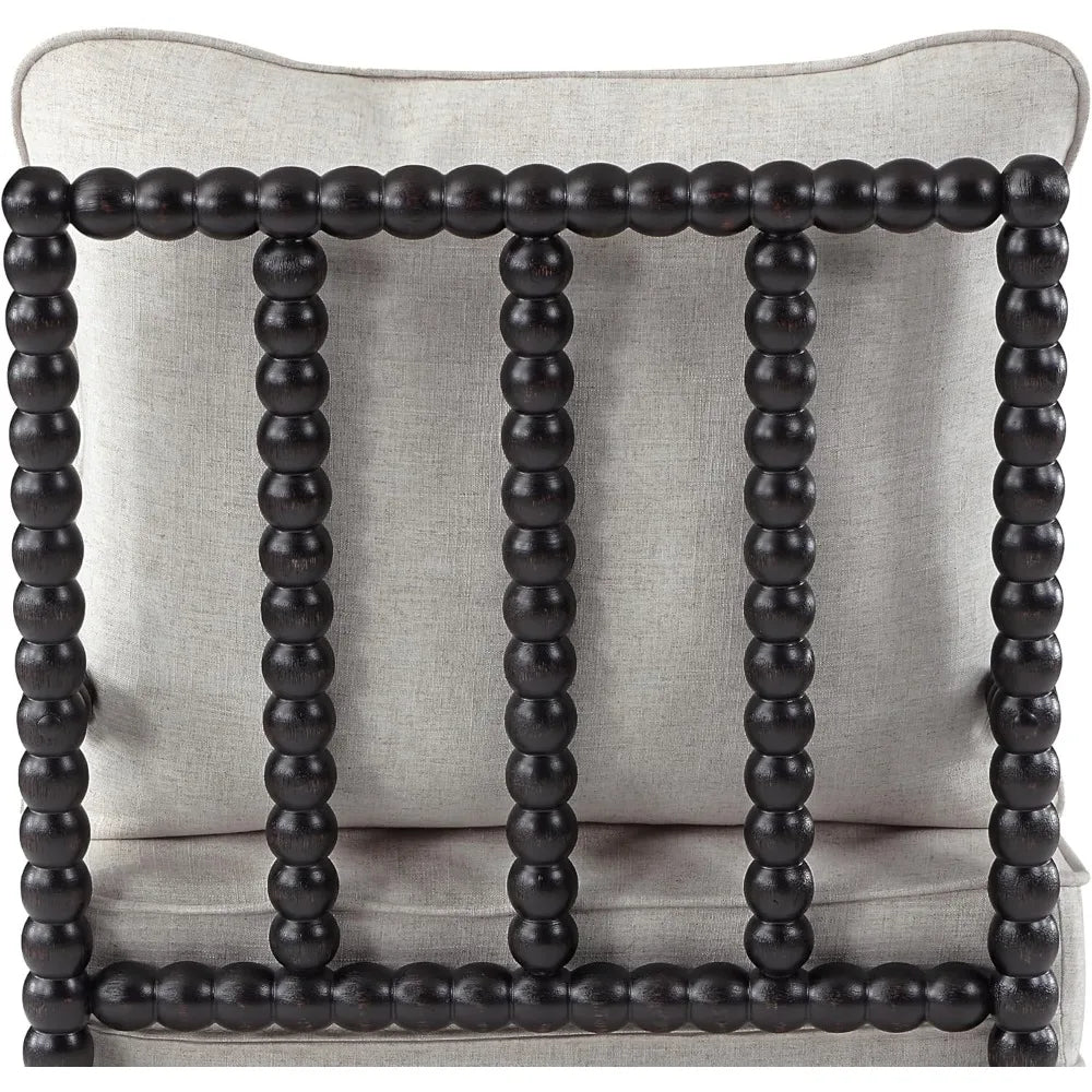 Spindle Back Linen Accent Chair – Mid-Century Wood Frame Armchair with Cushions & Armrest Pads