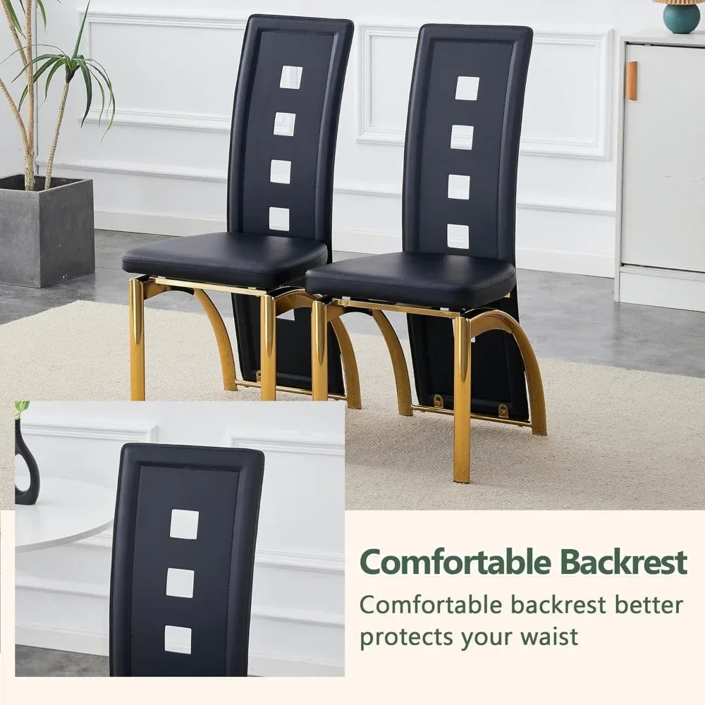 Set of 6 Modern High-Back Dining Chairs – Faux Leather Upholstery, Black with Gold Legs, Ergonomic & Stylish Seating