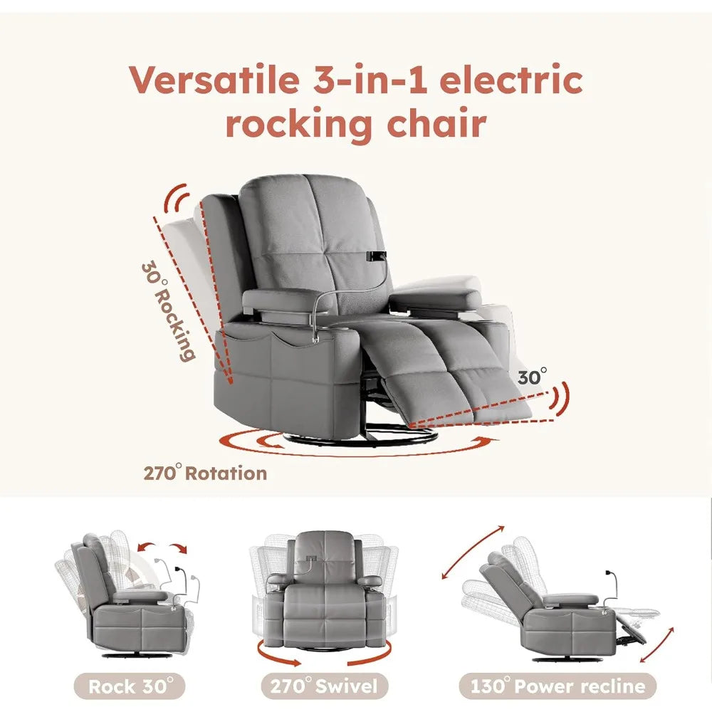 Oversized Power Recliner Chair – Swivel Rocker with Adjustable Armrests & Back, Faux Leather Recliner for Living Room