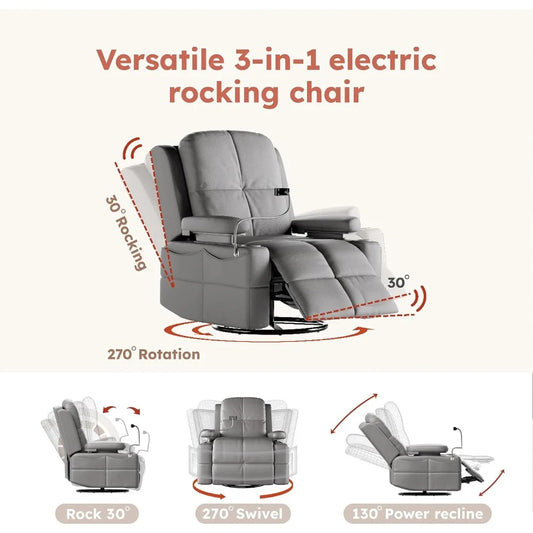 Oversized Power Recliner Chair – Swivel Rocker with Adjustable Armrests & Back, Faux Leather Recliner for Living Room