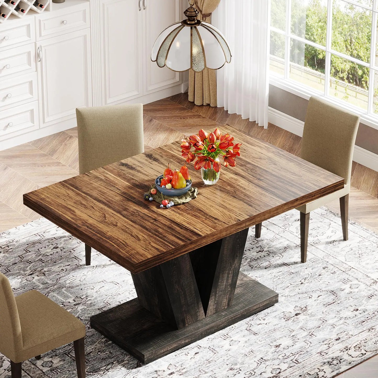 Rustic 47" Wooden Dining Table for 4 – Heavy-Duty Pedestal Base for Kitchen or Dining Room