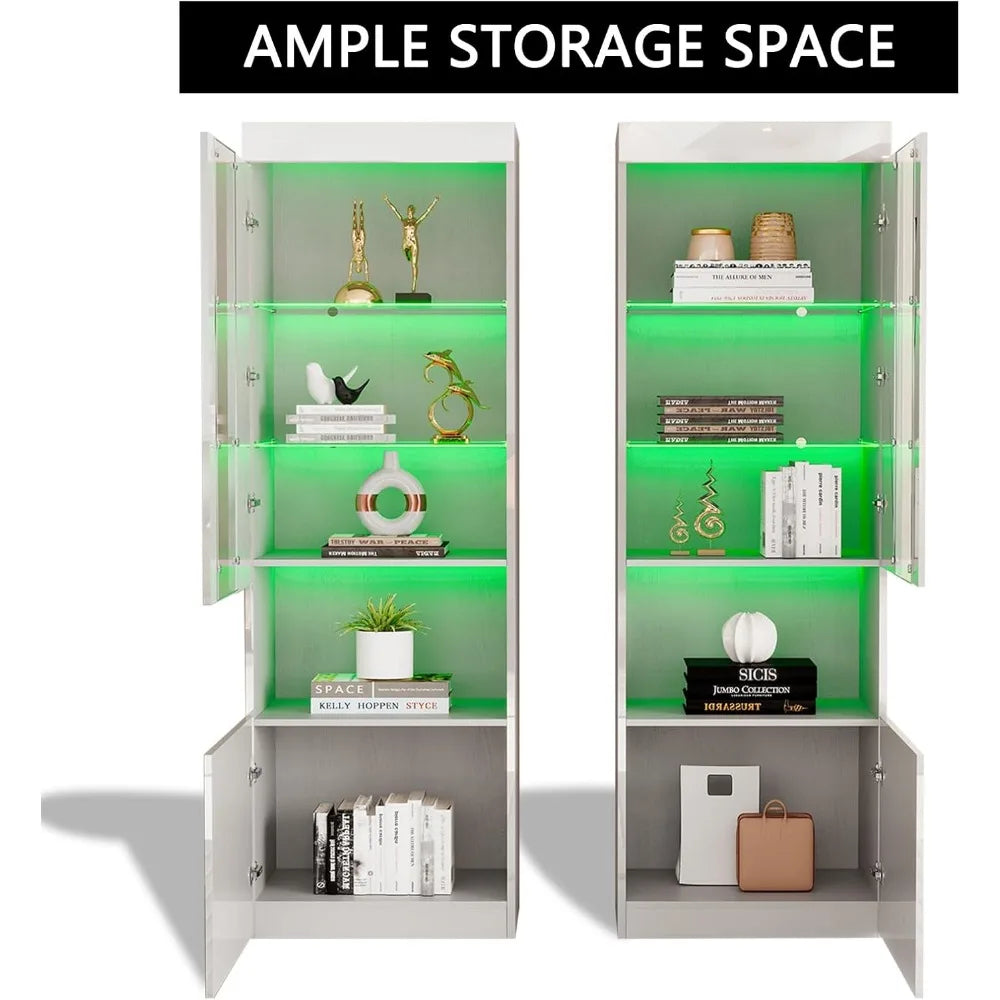 Set of 2 Tall 71" LED Bookcase Display Cabinets – Glass Doors, Gloss Finish, Adjustable Shelves