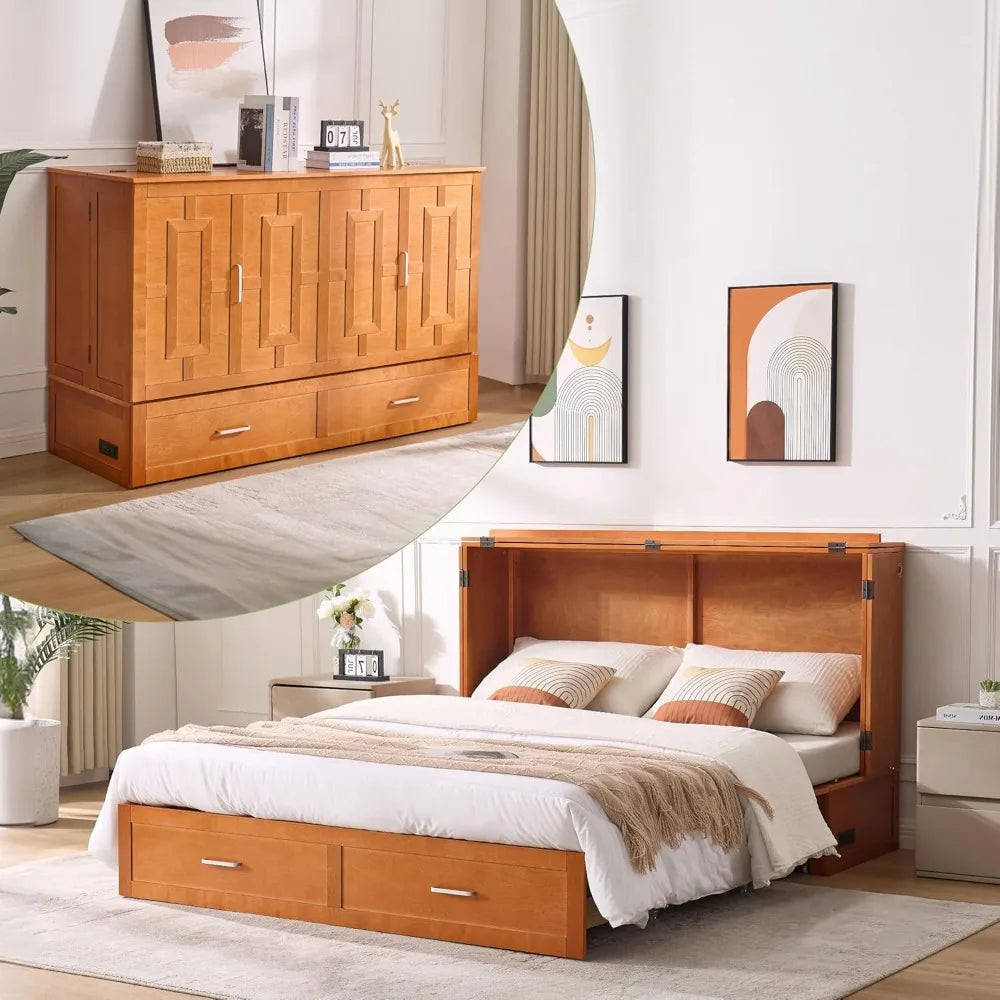 Queen Murphy Bed with Mattress & Storage – Foldable Cabinet Bed with Drawers & Charging Station for Small Spaces (Cherry Finish)