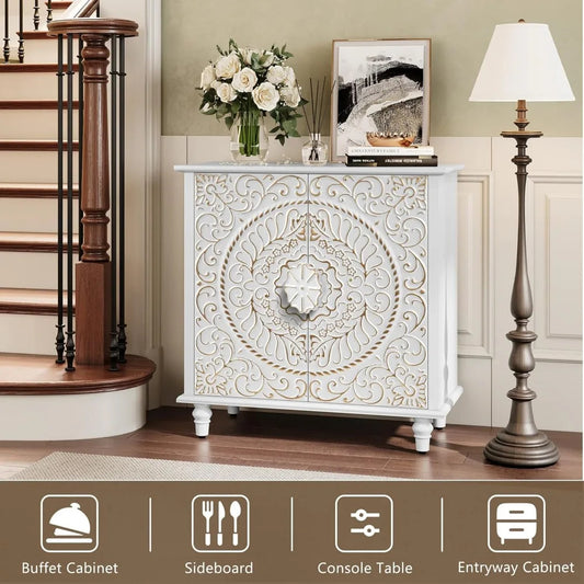 White Accent Cabinet with 2 Doors – Decorative Sideboard Buffet with Carved Floral Pattern, Storage Shelves & Solid Wood Legs