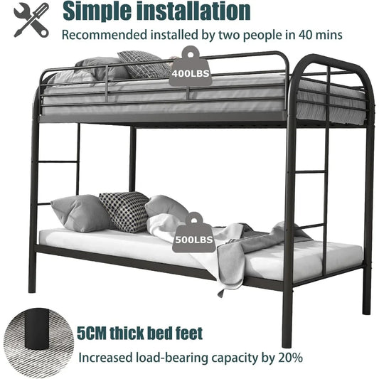Twin Over Twin Metal Bunk Bed – Heavy Duty Frame with 2 Ladders & 11.8" Guardrail, Space-Saving Design