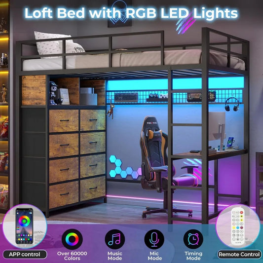 Ultimate Twin Loft Bed with Desk, LED Lights & 8-Drawer Dresser – Smart Storage & Study Combo