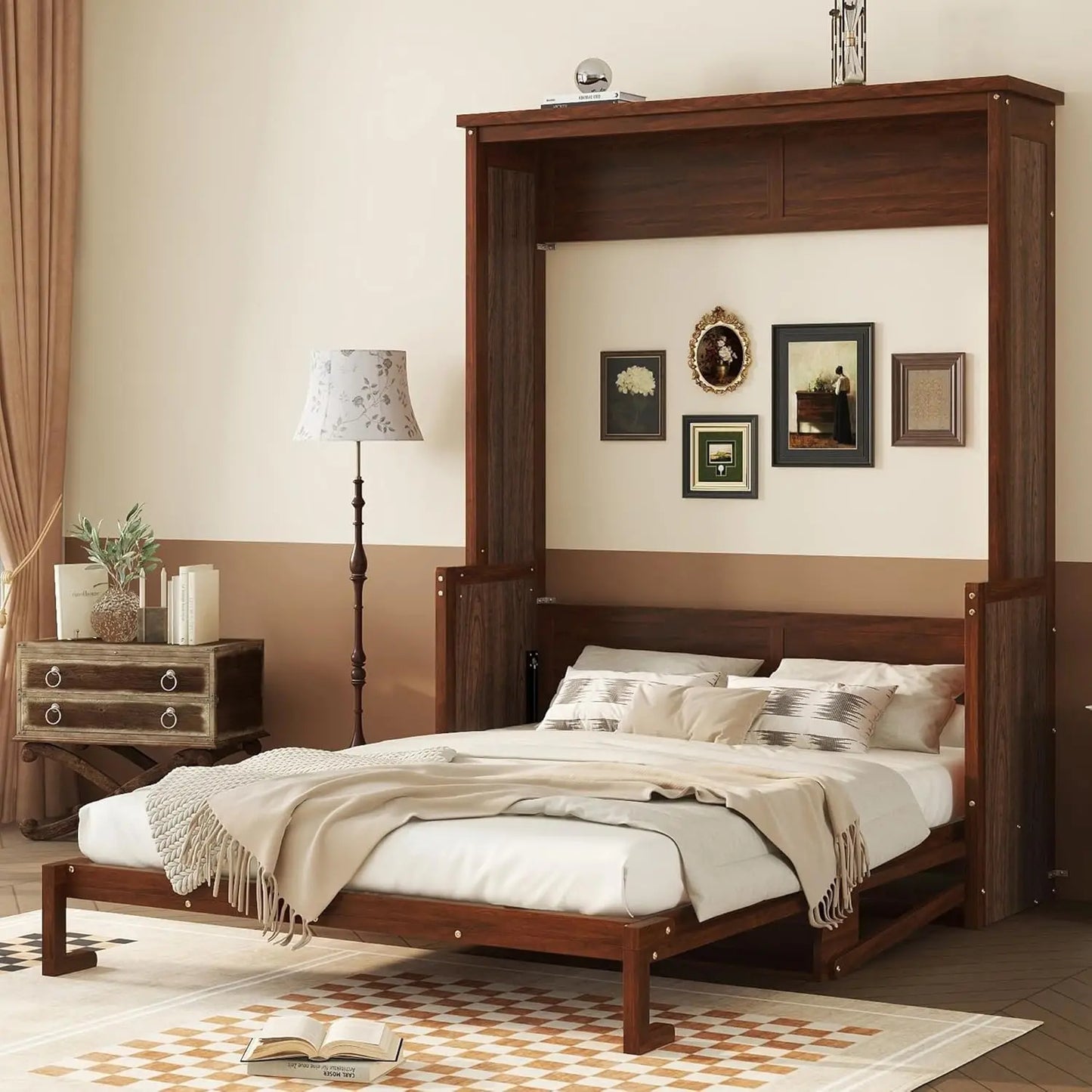 Queen Size Murphy Bed with Desk & Storage – Foldable Wall Bed Frame with Gas Struts, Hidden Cabinet Style for Guest Room/Home Office