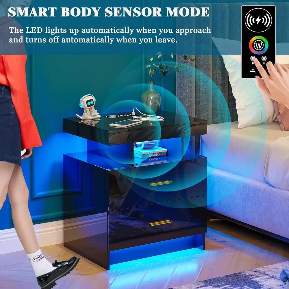 Set of 2 LED Nightstands with USB, Type-C & Wireless Charging – Modern Black Bedside Tables with RGB Auto Lights & Storage Drawers