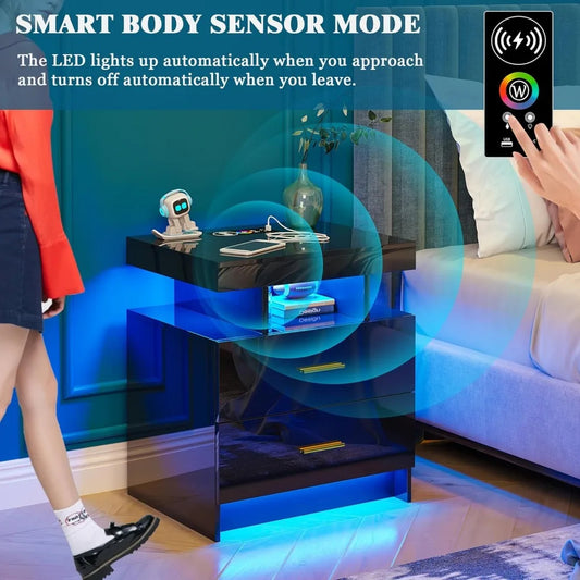 Set of 2 LED Nightstands with USB, Type-C & Wireless Charging – Modern Black Bedside Tables with RGB Auto Lights & Storage Drawers