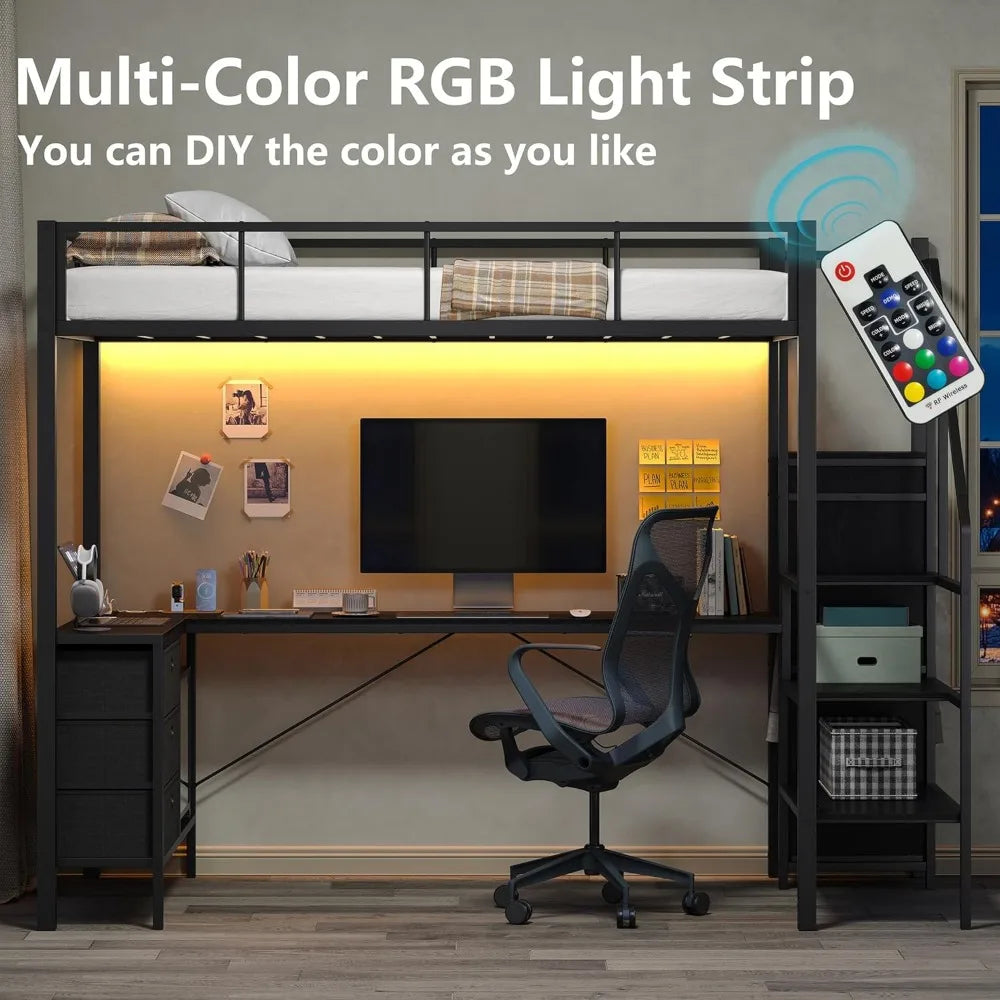 Twin Loft Bed with Desk, Storage Stairs, Wardrobe & RGB LED Lights – Metal Frame Loft Bed with USB Ports, Outlets, Charging Station