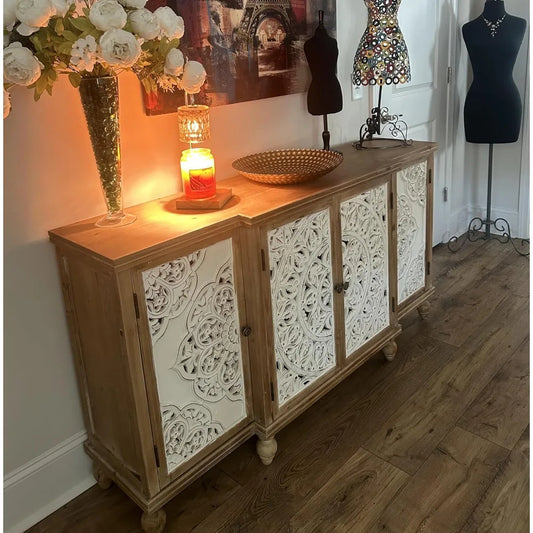 Set of 2 Retro Wood Sideboard Buffet Cabinets – Carved 4-Door Storage Cabinet for Entryway, Dining Room, or Living Room
