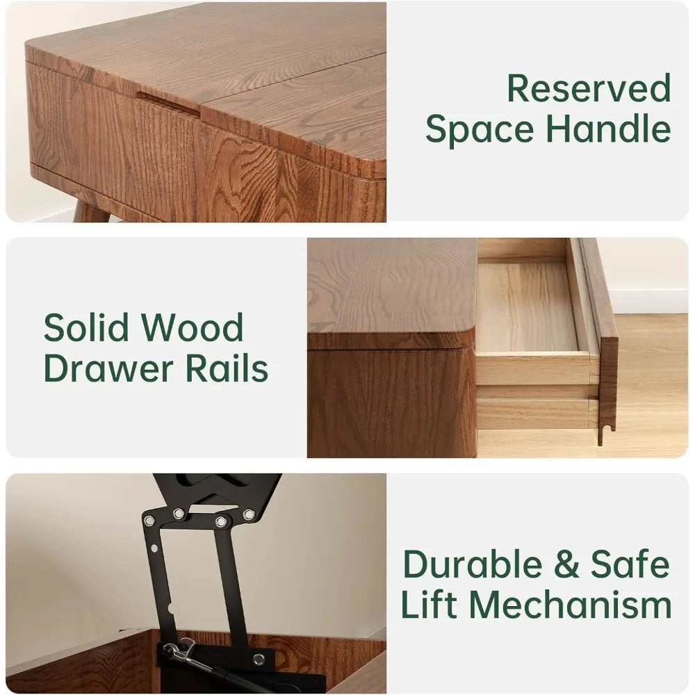 Solid Oak Lift-Top Coffee Table – Walnut Finish with Hidden Storage & Drawers for Living Room Functionality