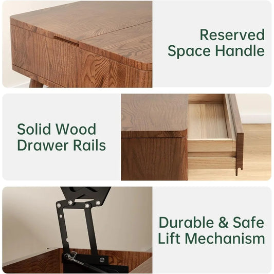 Solid Oak Lift-Top Coffee Table – Walnut Finish with Hidden Storage & Drawers for Living Room Functionality