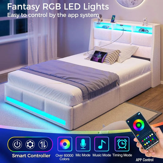 Twin Size Upholstered Bed Frame with LED Lights, Charging Station & Storage Drawers – White Lambswool Platform Bed, No Box Spring Needed