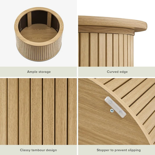 Quin Tambour Round Coffee Table with Hidden Storage – Mid-Century Modern Fluted Wood Drum Accent Table (Oak, 27.6")