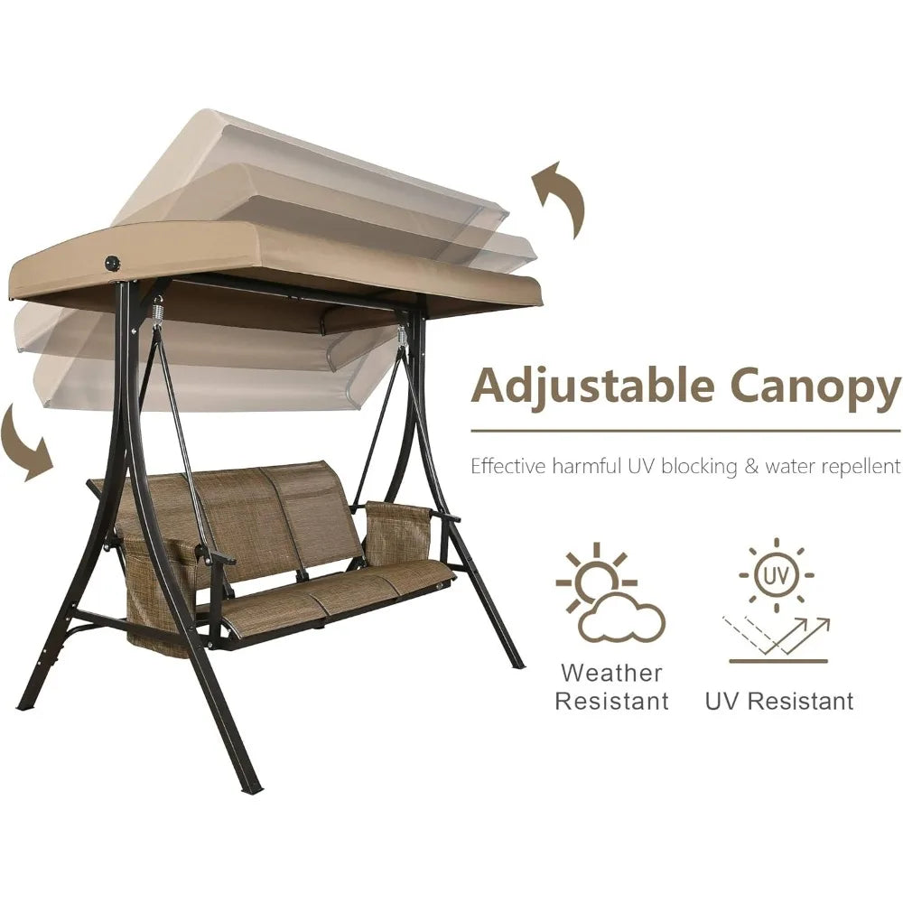 Outdoor 3-Seater Porch Swing Chair with Stand – Adjustable Canopy, Mesh Seats, Storage Pockets, and Steel Frame, Brown