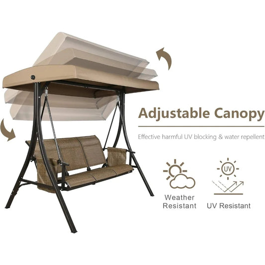 Outdoor 3-Seater Porch Swing Chair with Stand – Adjustable Canopy, Mesh Seats, Storage Pockets, and Steel Frame, Brown