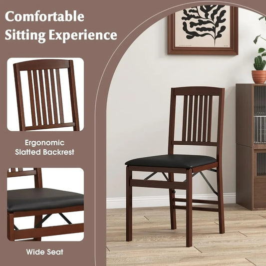 Set of 4 Folding Wooden Dining Chairs – No Assembly, Padded Faux Leather Seat, 400 lbs Capacity, Space-Saving Side Chairs (Brown/Black)