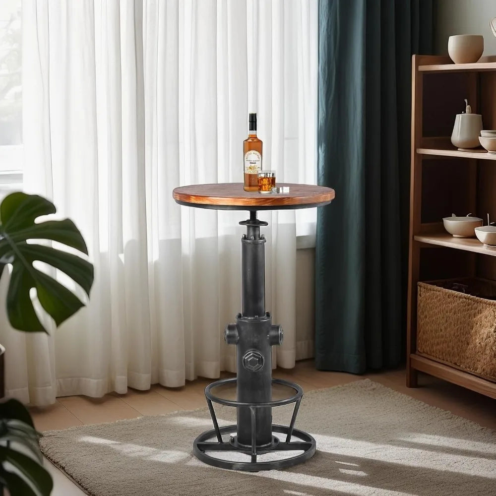 Vintage Industrial Bar Table & 2 Adjustable Swivel Stools – Wood Top & Metal Frame, Height Adjustable for Kitchen, Bar, or Cafe