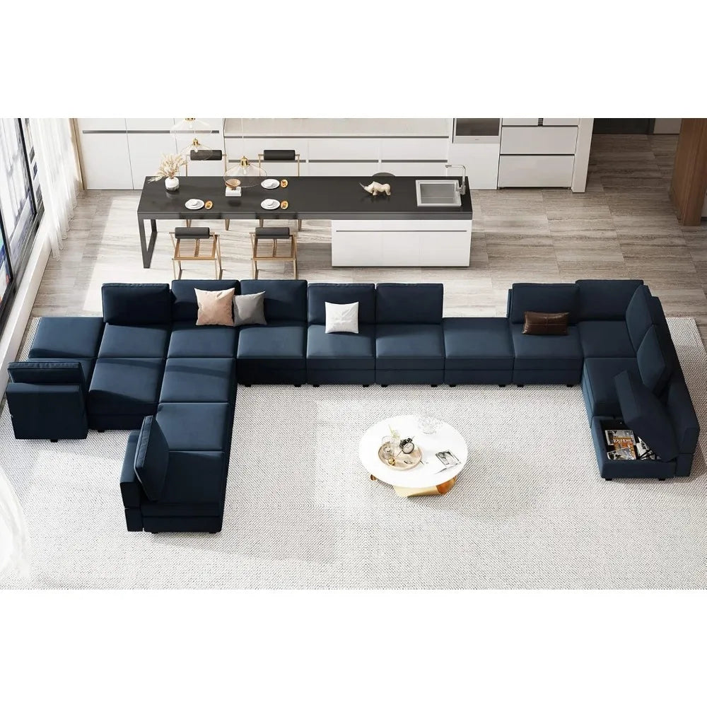 Modular Velvet Sectional Sofa with Storage – Adjustable L-Shaped Convertible Couch for Living Room (Blue)