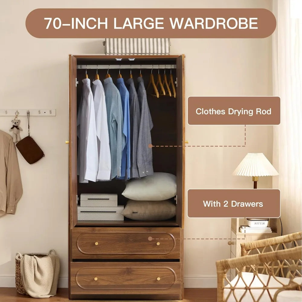 Set of 2 Freestanding Wardrobe Closets with Fluted Doors & Drawers – Modern Armoire Storage Cabinets, Walnut Finish