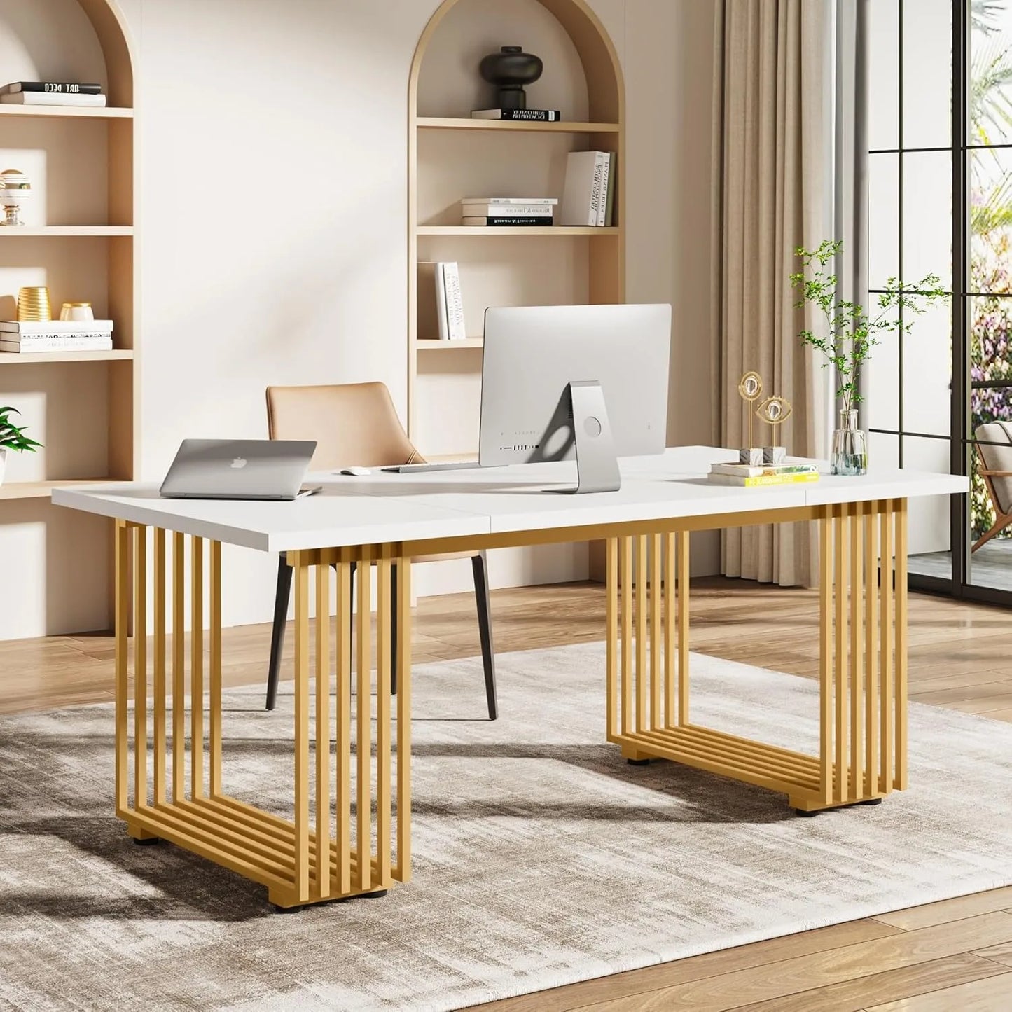 70.9" Modern Executive Office Desk – Grey Workstation with Gold Metal Legs & Spacious Desktop