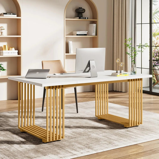 70.9" Modern Executive Office Desk – Grey Workstation with Gold Metal Legs & Spacious Desktop