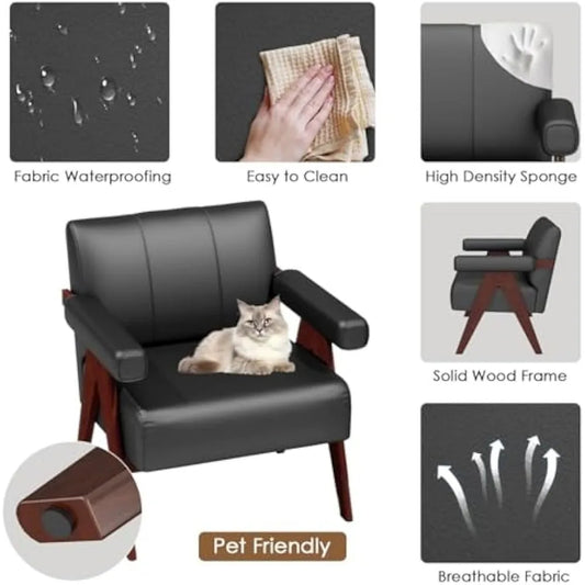 Set of 2 Black Faux Leather Accent Chairs – Mid-Century Modern Armchairs for Living Room, Office & Waiting Room